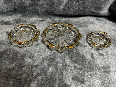 Vintage Set of 3 Hazel Atlas Flower Nesting Glass Ashtrays Fluted Pattern Gold