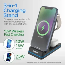 Energizer 3-in-1 15W Qi Wireless Fast Charger Stand with RGB for iPhone AirPods