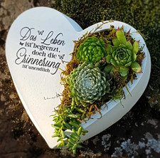 Bepflanztes Herz aus Beton mit Schriftzug Grabschmuck Trauer Grabgesteck