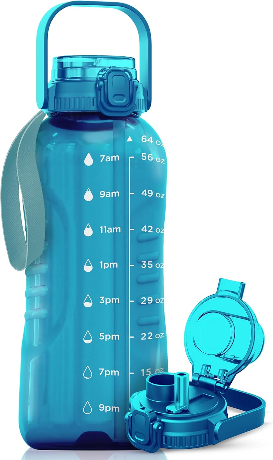 64 Oz Water Bottle with Time Marker - 2In1 Straw & Chug Lid - BPA Free Big Water