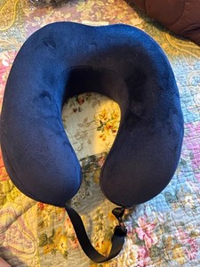 Blue U-Shaped Memory Foam Neck Travel Pillow with Adjustable Strap