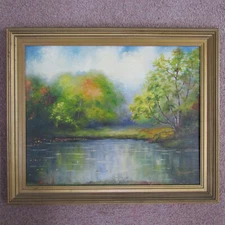 old original oil Painting pond lake landscape Impressionist Signed B Hummel 1945
