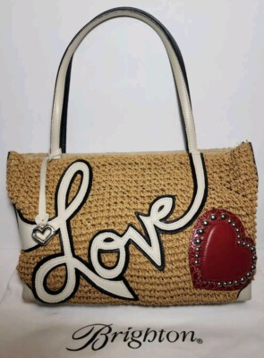 BRIGHTON FASHIONISTA LOVE STORY STUDDED HEART STRAW TOTE NATURAL & WHITE $285
