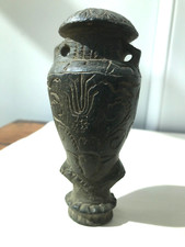 Old stone vessel hand carved with rams, other animals, plants, 12cm high