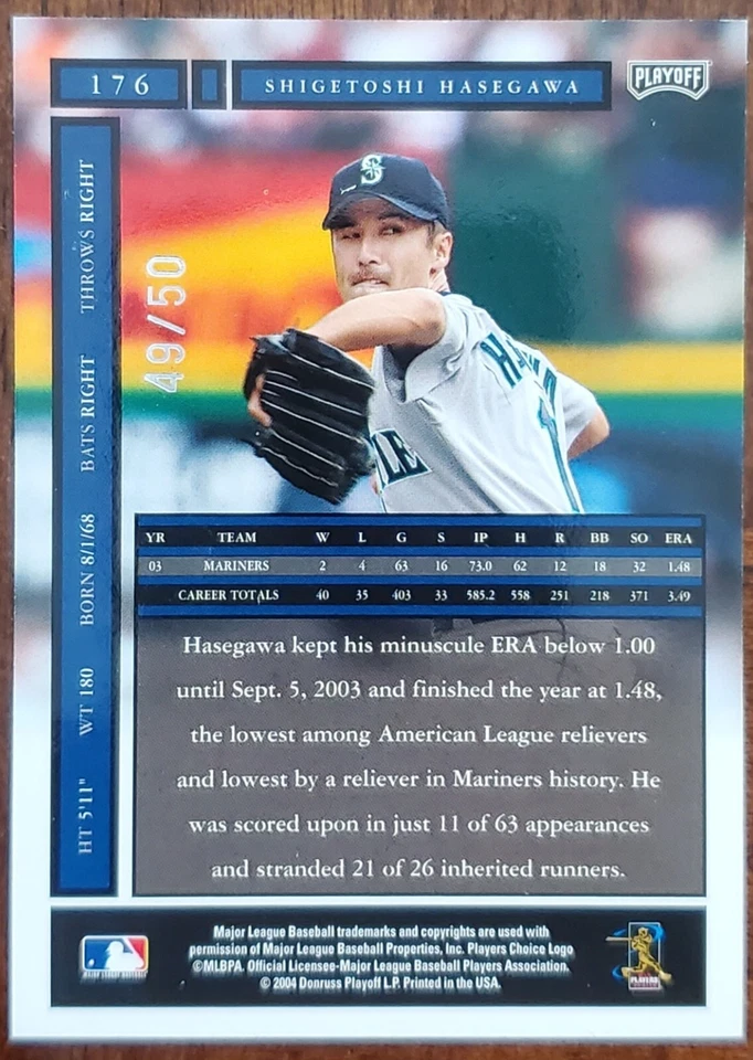 2004 PLAYOFF HONORS SHIGETOSHI HASEGAWA SILVER AUTO SP /50 CARD #176 NM/MT - Image 2 of 2