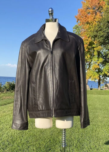 KENNETH COLE Leather Jacket Dark Brown Cafe Racer Mens Large Lined Coat Nice - Picture 1 of 12