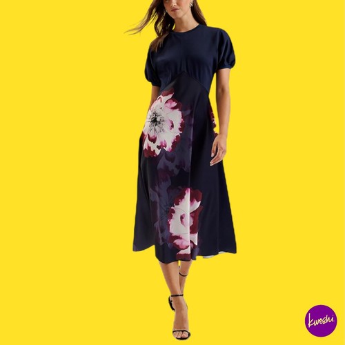 Abito midi TED BAKER Mitzic Ponte corpetto stampato gonna in raso, blu navy, UK 16