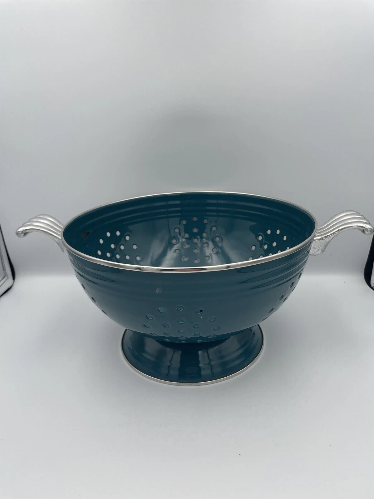 Vintage Fiesta Fiestaware Large colander Strainer Teal Enamel 11" x 6.5"
