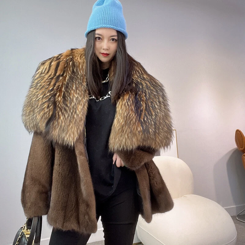 Luxury Genuine Mink Fur Coat With Raccoon Fur Collar Women Winter Warm Overcoat