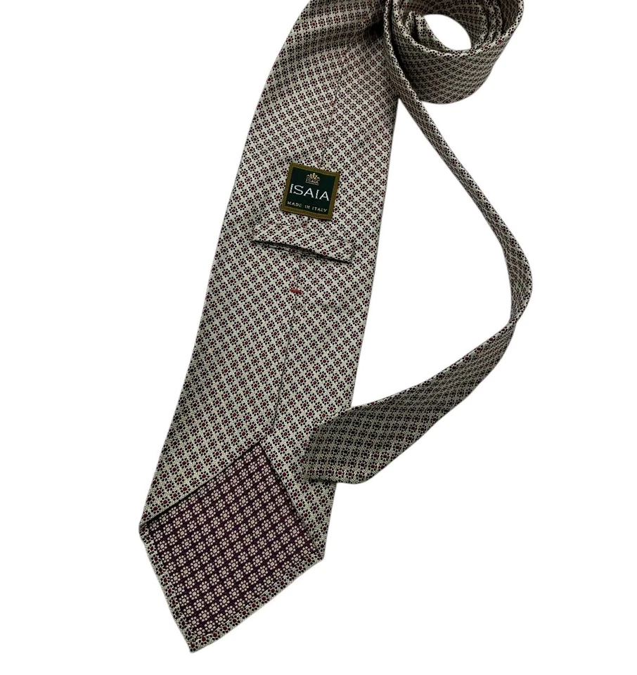 Gravata ISAIA SEM PONTA RARA Bege Floral Seda LUXO FEITA À MÃO ITÁLIA - Imagem 2 de 4