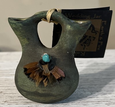 Pueblo Raku Wedding Jar Earth & Fire  Signed Jeremy Diller With Tag 3'' Tall