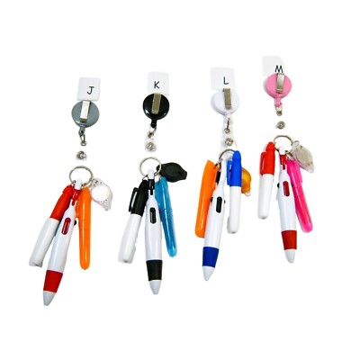 Mini 4 Color Shuttle Pen Set w/Badge Reel Marker Highlighter Flashlight