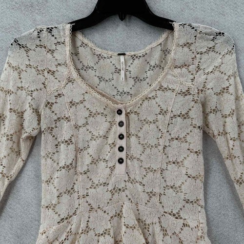 Free People Y2K blusa donna PICCOLA pizzo peplo top camicia babydoll Henley - Foto 4 di 13