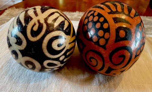 2 Aboriginal Or African Type Folk art Painted Ostrich Egg Size Unique Art Piece - Picture 2 of 11
