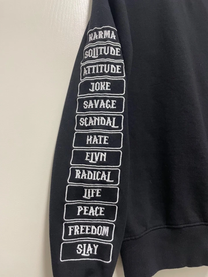 ELEVEN PARIS Black Pullover Sweatshirt, Embroidered 'Karma, Peace, Freedom' - Image 2 of 4