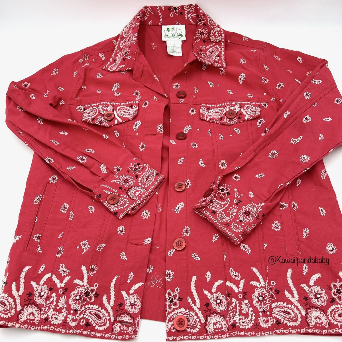 VTG Quacker Factory Beaded Bling Red Bandana Western Paisley