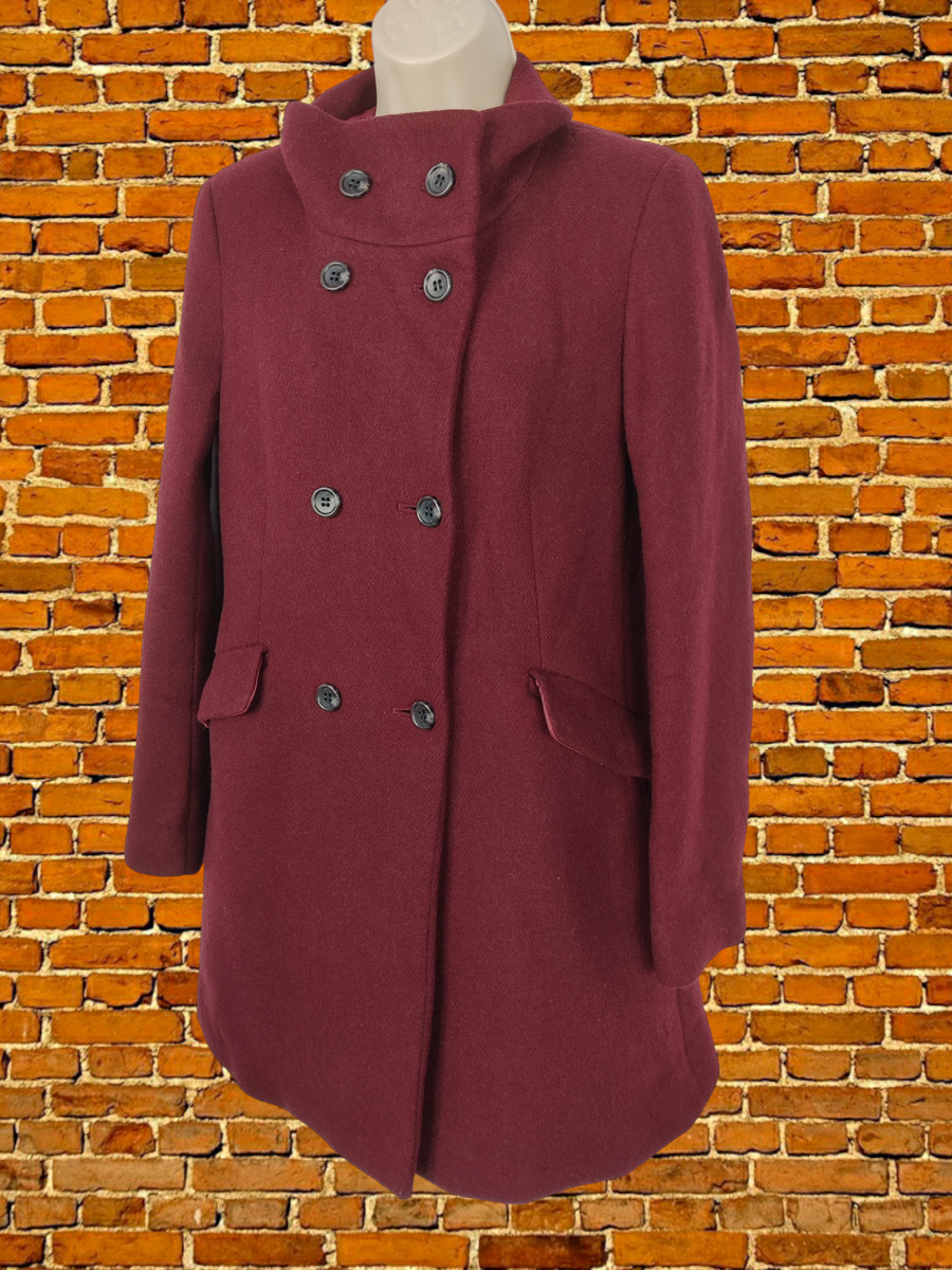 WOMENS UNIQLO SIZE SMALL BURGUNDY RED WOOL RICH DOUBLE BREASTED