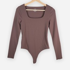 Nuuds Long Sleeve Square Neck Bodysuit Brown Coffee Thong Snap Closure Size S
