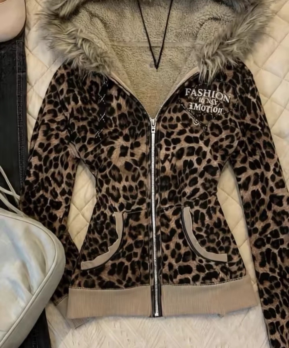 トップス Y2K darkwear leopard fur foodie jacket Y2k leopard print faux fur hood jacket womens soft grunge cheetah