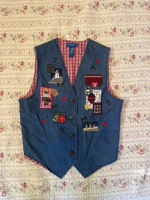 Karen Scott Vest Womens Med Denim Holiday Christmas Embroidered Patchwork Cute