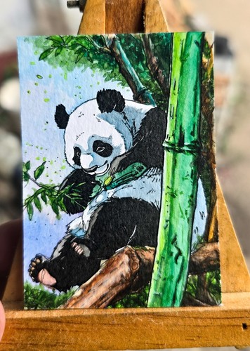Original ACEO Watercolor Panda Water Color Painting Dancing Miniature Art Card