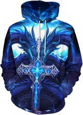 3D Twin Blue Dragons Glowing Sword Hoodie Fantasy Power Unisex Pullover