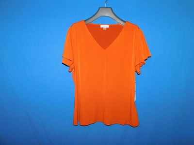 Calvin Klein Size XL NWT Dark Orange T Shirt Short Layered Ruffle Sleeve V Neck