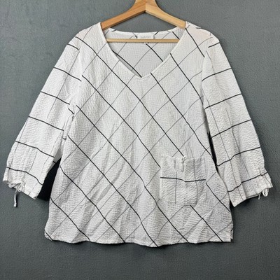 Habitat Clothes To Live In Womens Large White Windowpane Seersucker Blouse Boxy