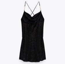Zara Womens Black Satin Slip Dress Small Jacquard Floral Chain Strap Mini