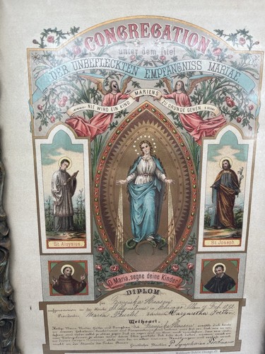 1892 German Catholic Church Framed Certificate. Religious Symbolism For Mary - Picture 8 of 9