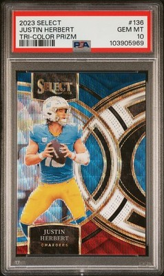 2023 Panini Select #136 Justin Herbert Tri-Color Prizms PSA 10 #/225