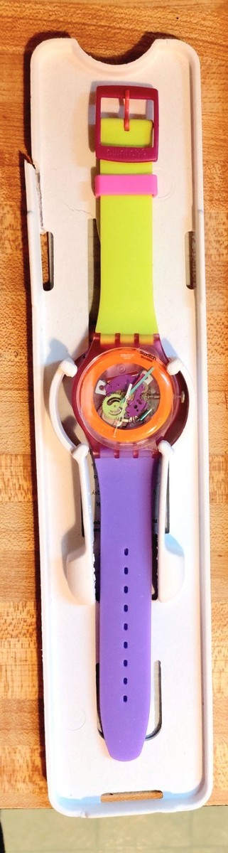 NEW✓ Swatch Dip In Color Orange Skeleton Dial Yellow and Purple