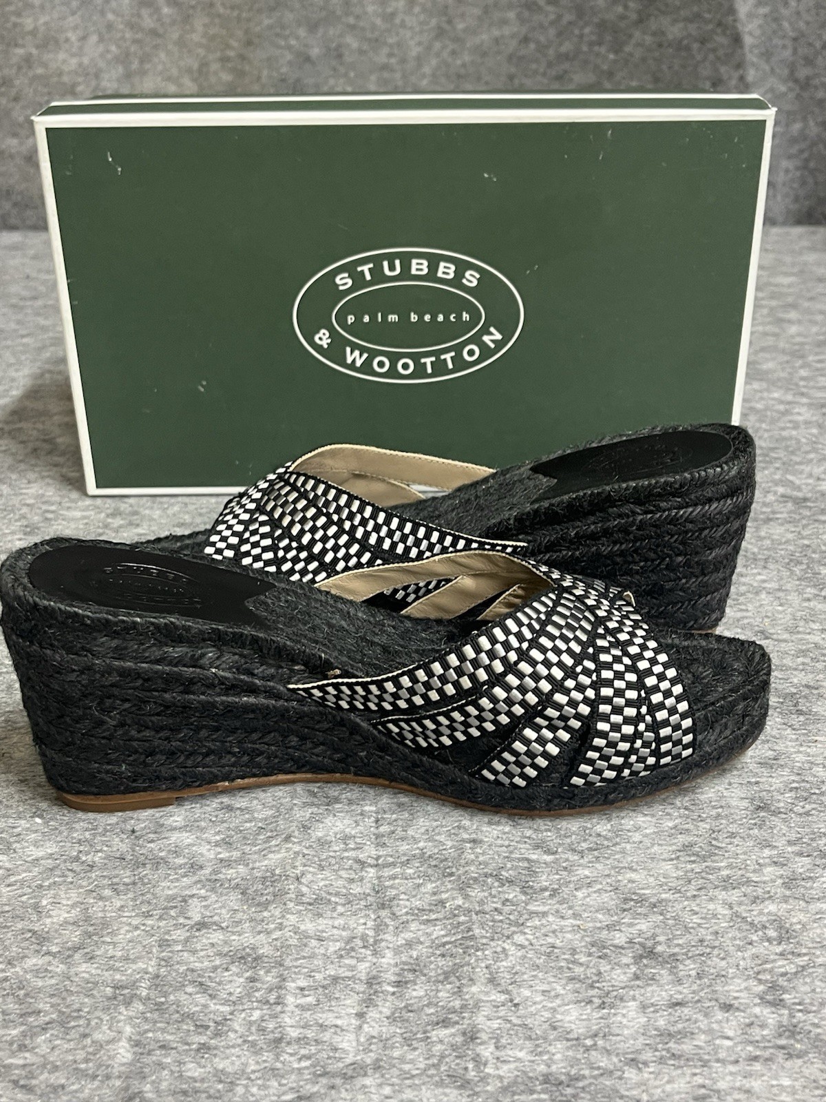 Stubbs Wooton Sandals Womens 7 Check Noir Kelly Espadrilles Wedges Rib Open Toe