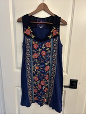 Johnny Was A-Line Sleeveless Tank Dress Floral Embroidered Blue Size S Bohemian