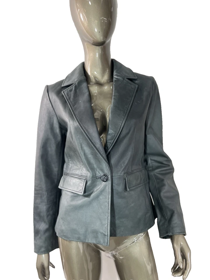 CONTEXT Leather Jacket Womens Size 6 Dark Green Short Blazer One Button - Image 2 of 4