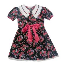 Vintage Collared Floral Prairie Party Dress Bubble Sleeve Bow Girls 10 USA 1980s