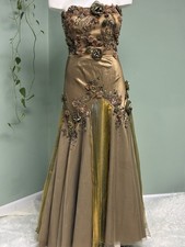 Dolce Jovani Silk Bead Floral Jewel Gown Dress 14 Maxi Strapless 3D Bronze Gold