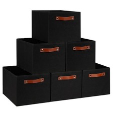 Black Fabric Storage Bins 15x11x9.5 Inch PU Leather Handle Organizer 6 Pack