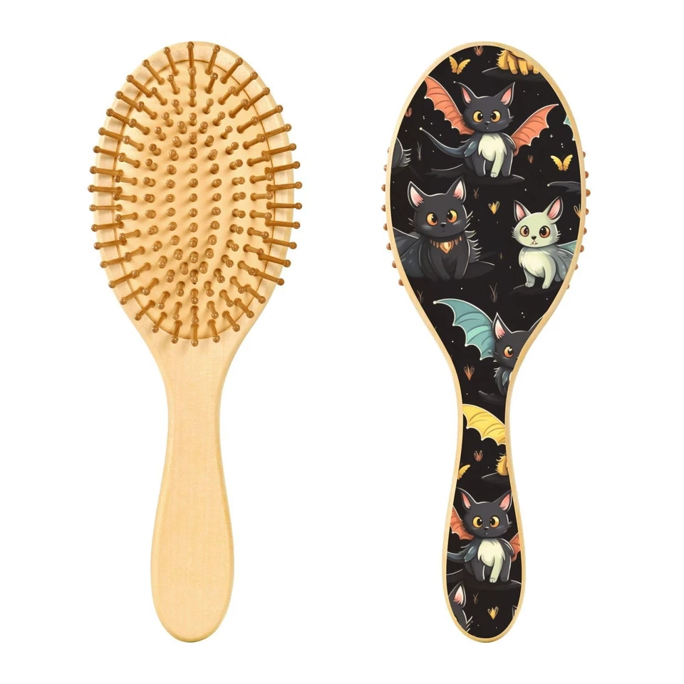 Cepillo de pelo de Halloween para murciélago gato para mujeres hombres cepillos desenredadores de madera natural para... Foto 2 de 4