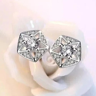 Round Cut Simulated Diamond Flower Stud Earrings 14K White Gold Plated Silver