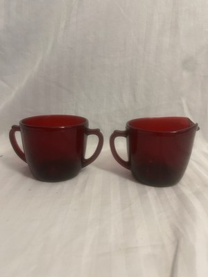 Vintage Unmarked Ruby Red Glass Creamer and Open Sugar Bowl