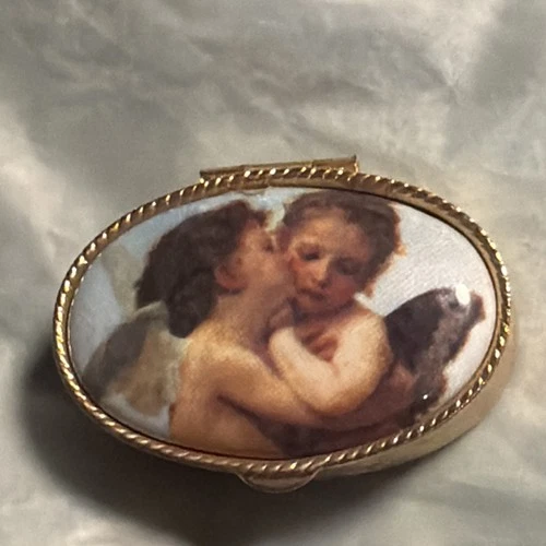 Victorian Gold Oval Metal Trinket Box Cherub Floral Carvings Metallic Finish