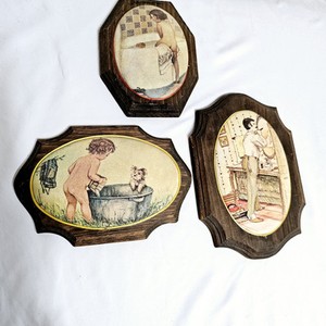 VTG Art 3 Beaded Dome Glass Wall Wood Plaques Bathroom Baby Man  Girl Tub 1970s