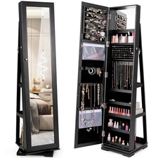 Costway 360° Rotatable Jewelry Cabinet Armoire 2-in-1 Lockable Mirrored