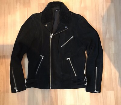 The Kooples Men Biker Suede Leather Jacket Shearling Collar Size M  UK