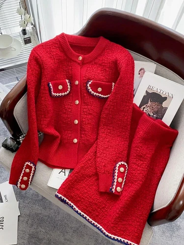 Conjuntos de dos piezas para mujer oficina dama cárdigan suéter falda traje para mujer - Imagen 22 de 25