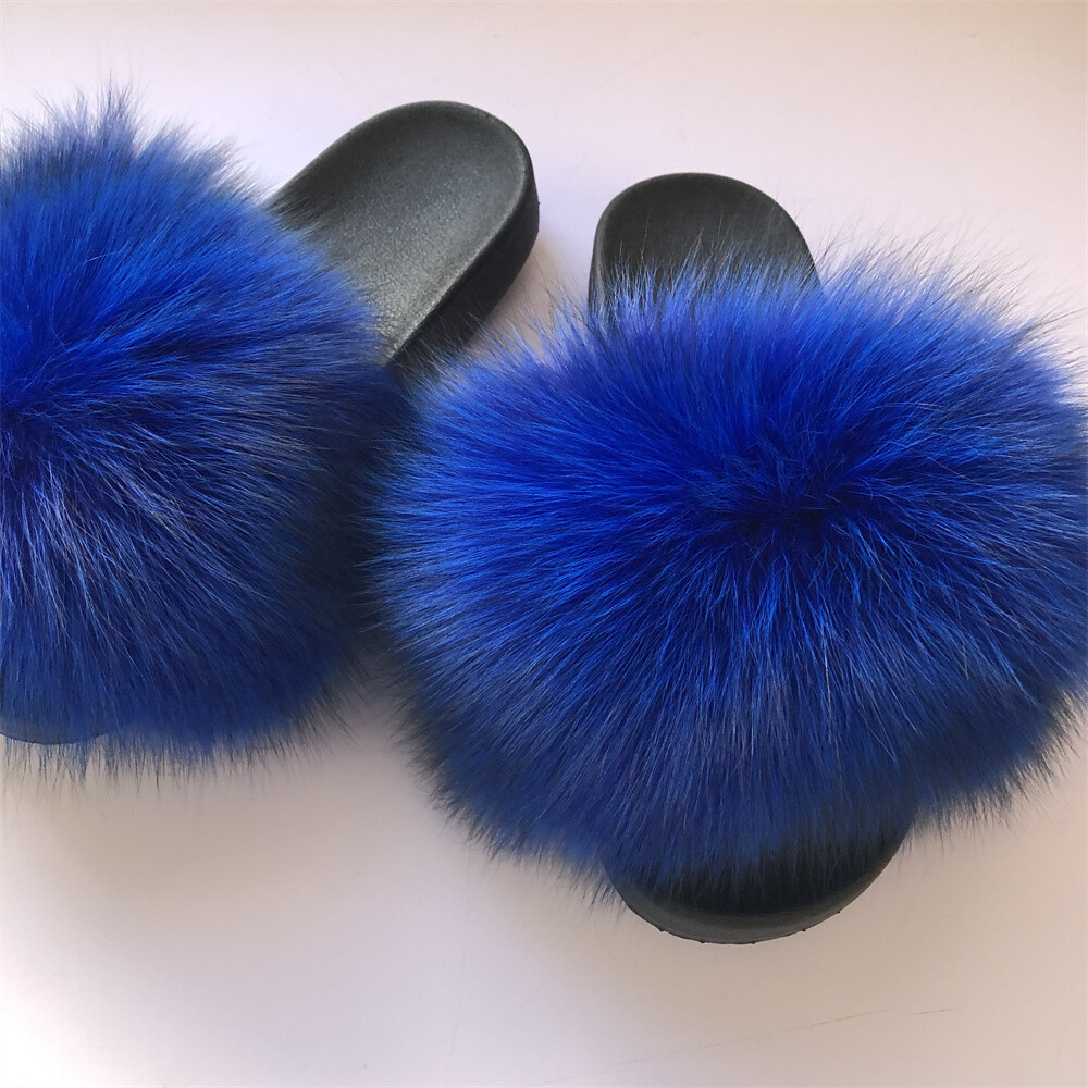 SAOLA Sandali ciabatte scarpe basse blu royal donna max large XXL vera pelliccia di volpe