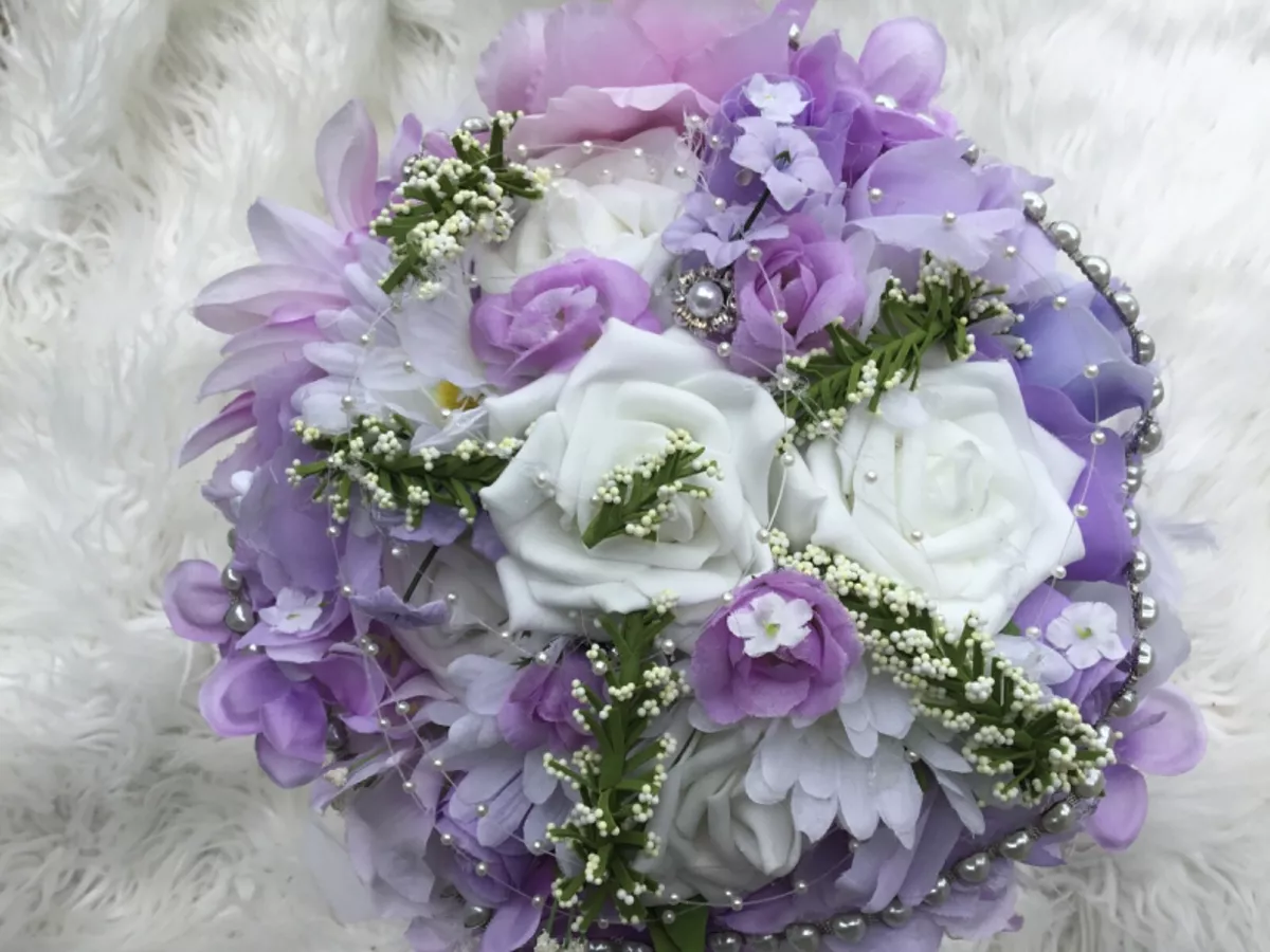 Wedding Flowers Bridal Bouquet Decorations Lavender White Lace Feathers