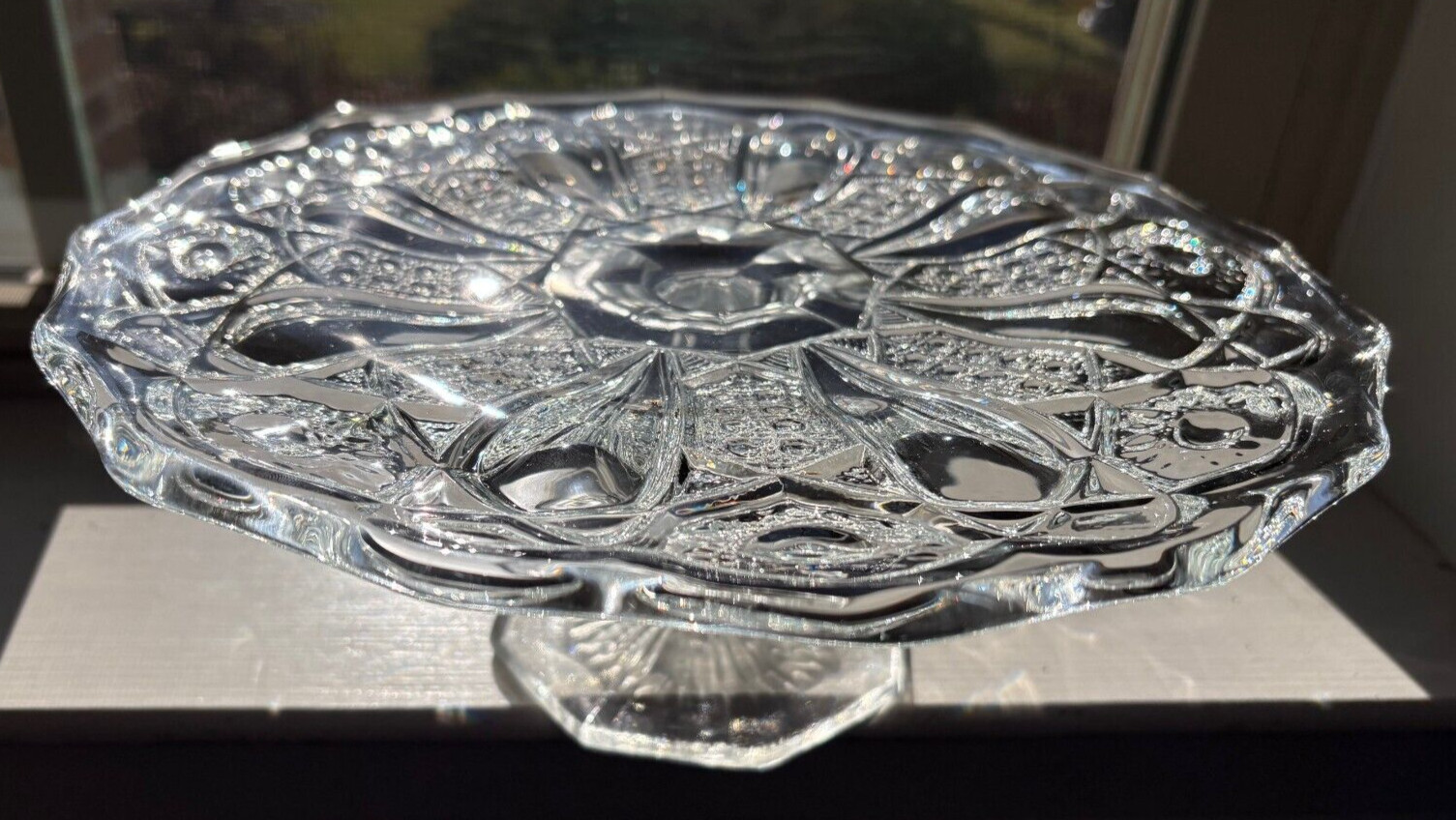 Vtg LE Smith Quintec Cake Plate Stand Hobstar Cane Button Pedestal 12" Line #317