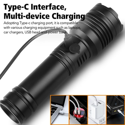 GEKIRO Rechargeable Zoom Flashlight - 900,000 Lumens, XHP160 LED, 5 Modes, IP67 Waterproof, Power Bank - View #4